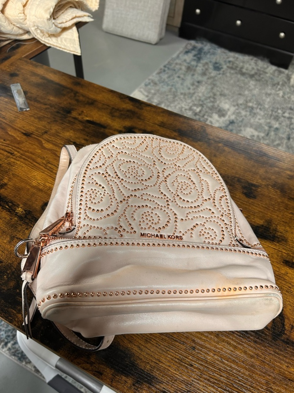 Michael Kors blush pink studded leather backpack